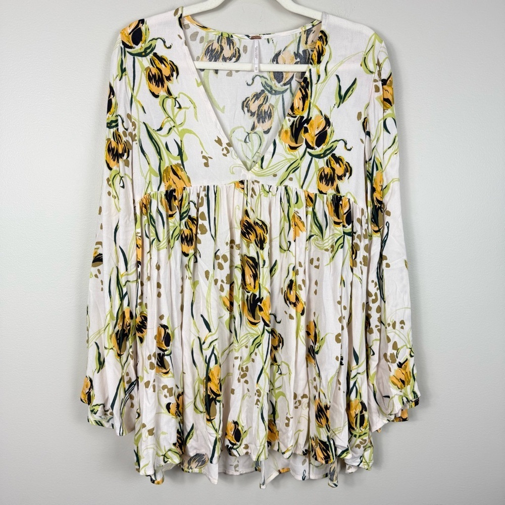 Free People Bella Floral Top Bell Sleeve Womens XS Tunic White Yellow V-Neck